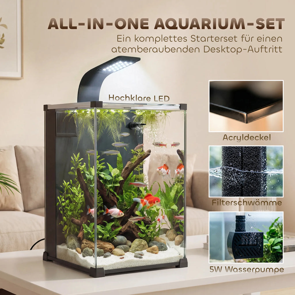 Akvariumo komplektas 36 l, su LED apšvietimu, filtru ir siurbliu, juodas, 30 x 30 x 45,5 cm