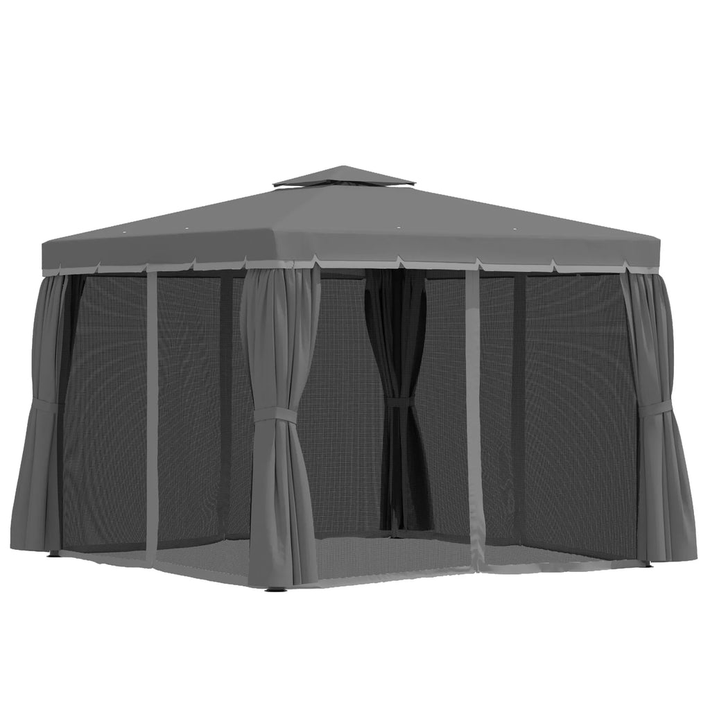 Aliuminio sodo paviljonas su dvigubu stogu ir tinklais nuo uodų, 2,96x2,96 m (tamsiai pilkas)