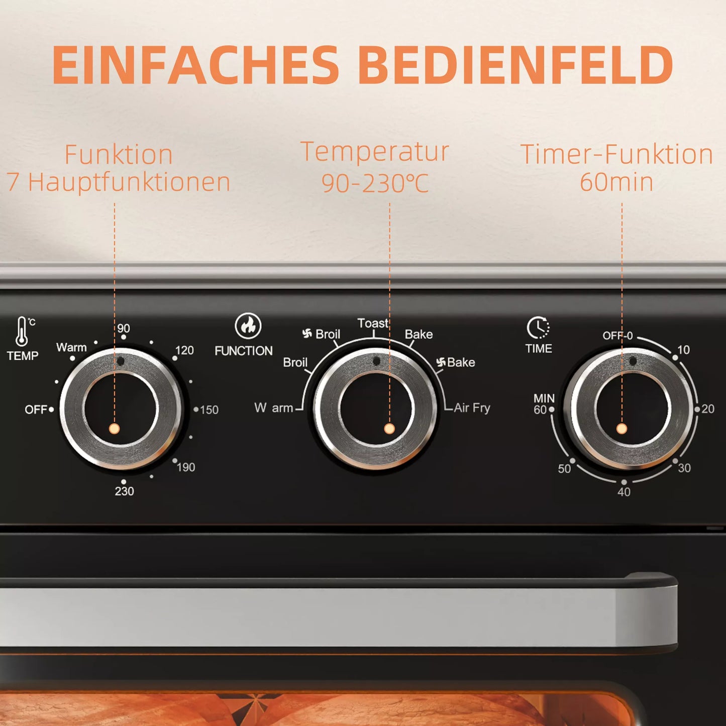 Mini orkaitė, 20 L, 5 funkcijos, 360° karštas oras, kepimo grotelės, padėklas trupiniams, juoda