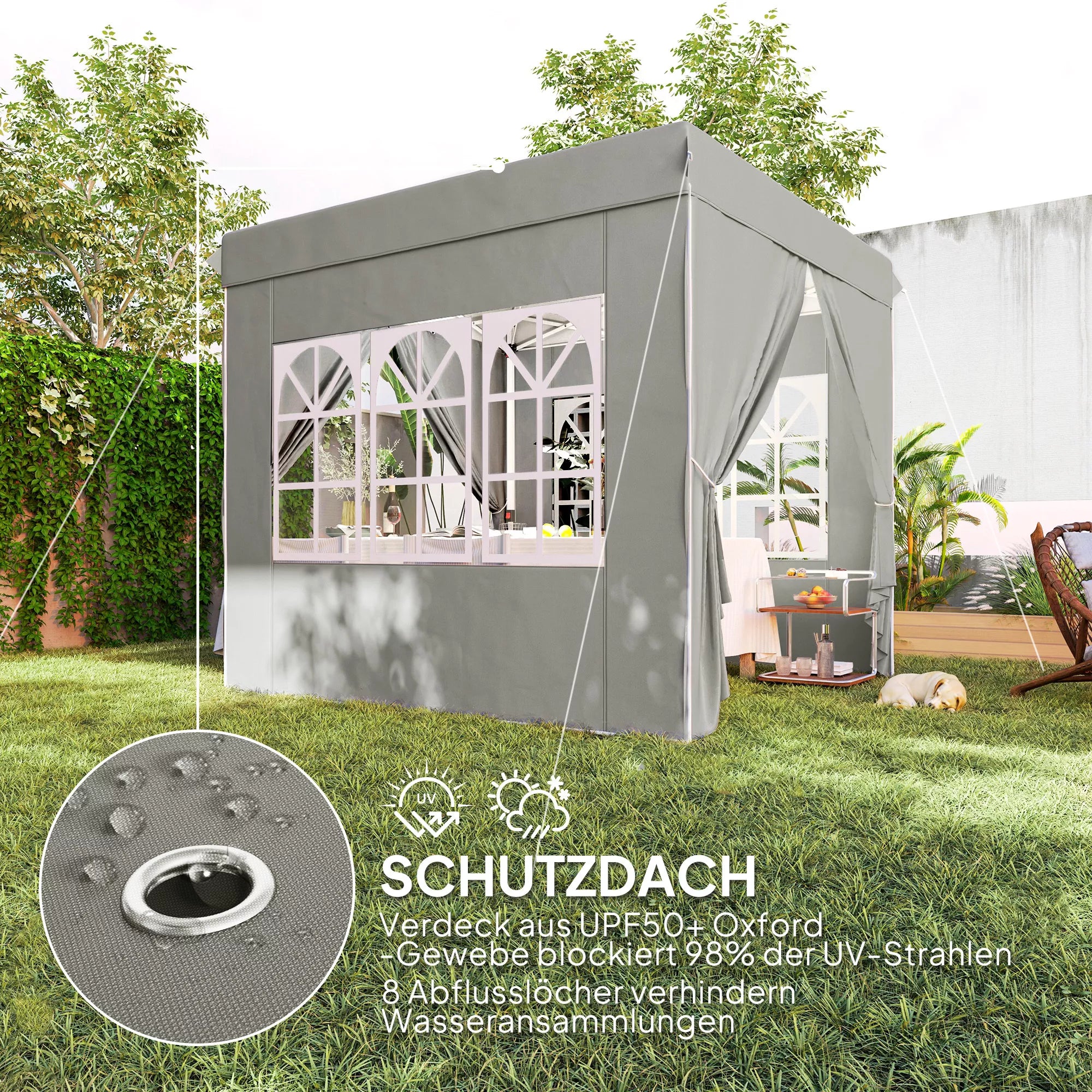 2,5 x 2,5 m Pop-up paviljonas su sienelėmis ir nešiojimo krepšiu, UPF50+ reguliuojamo aukščio sodo palapinė, šviesiai pilkas