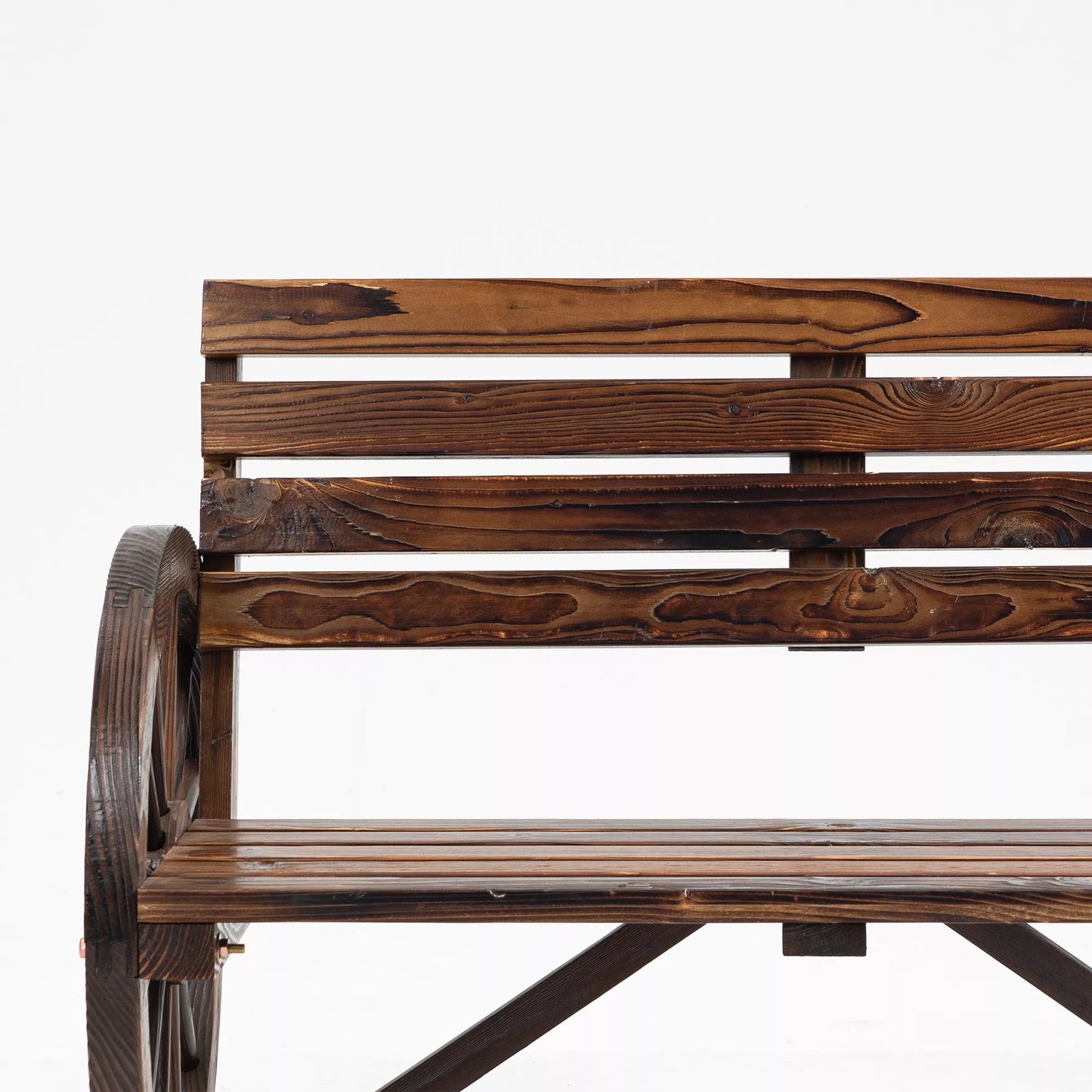 Sodo suoliukas, vėžės rato dizaino, 2 vietų, natūrali mediena, tamsiai rudos spalvos, 105,5 x 56 x 79cm