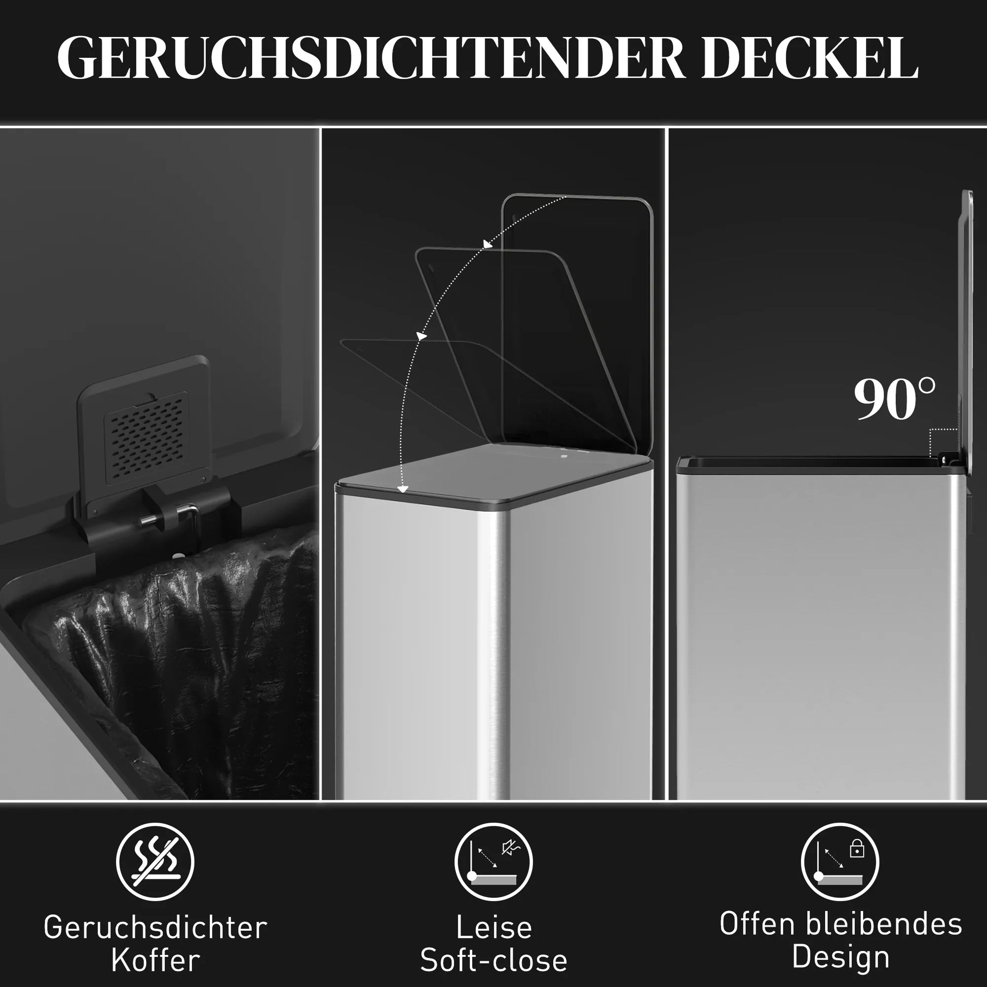 Šiukšliadėžė 20L, švelnaus uždarymo dangtis, su dezodoranto skyreliu, atspari pirštų atspaudams, nerūdijantis plienas, sidabrinė