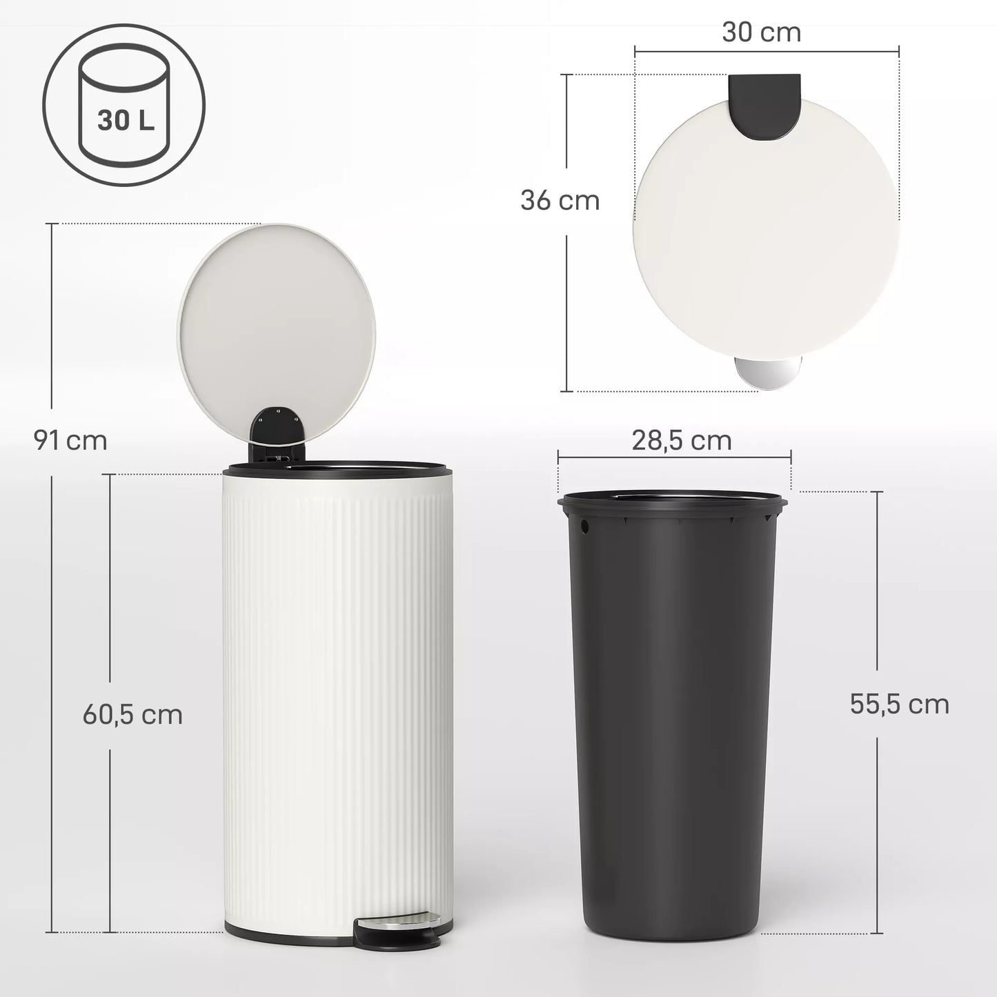 30 L matinė šiukšliadėžė su „Softclose“ dangčiu ir pedalu, vidinis kibiras metalinis, juoda, 36 x 30 x 60,5 cm