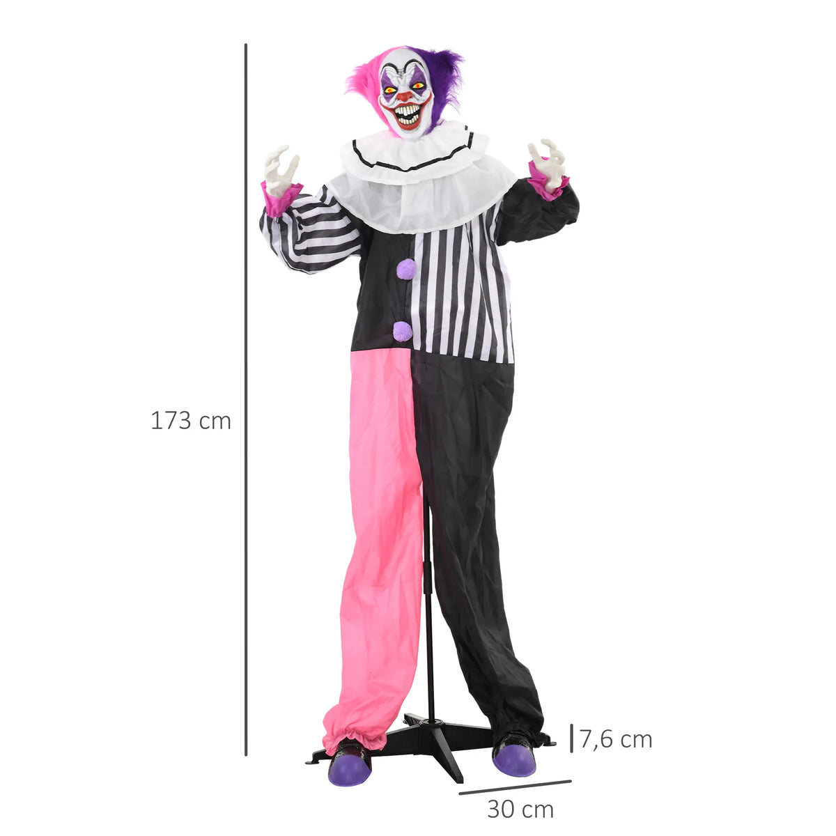 173 cm aukščio klouno dekoracijos matmenys ir stovo plotis parodyti schemoje