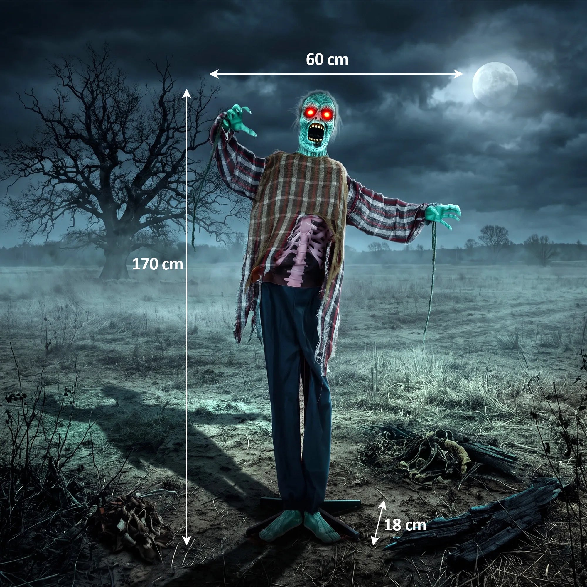Animuotas zombis Helovino dekoracijai, 170 cm, su garsu ir judesiu