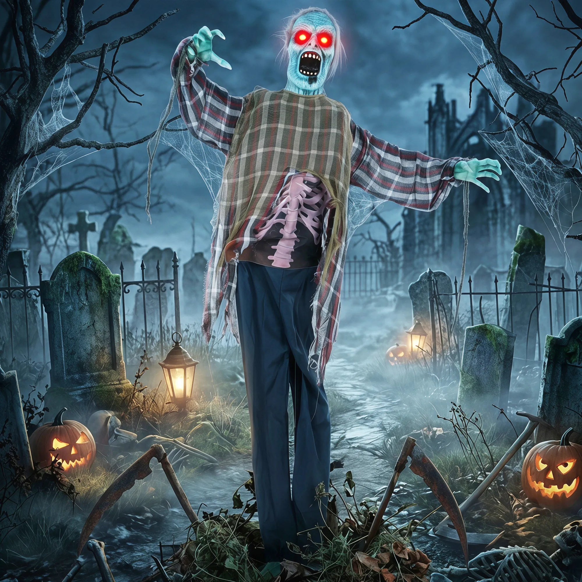 Animuotas zombis Helovino dekoracijai, 170 cm, su garsu ir judesiu