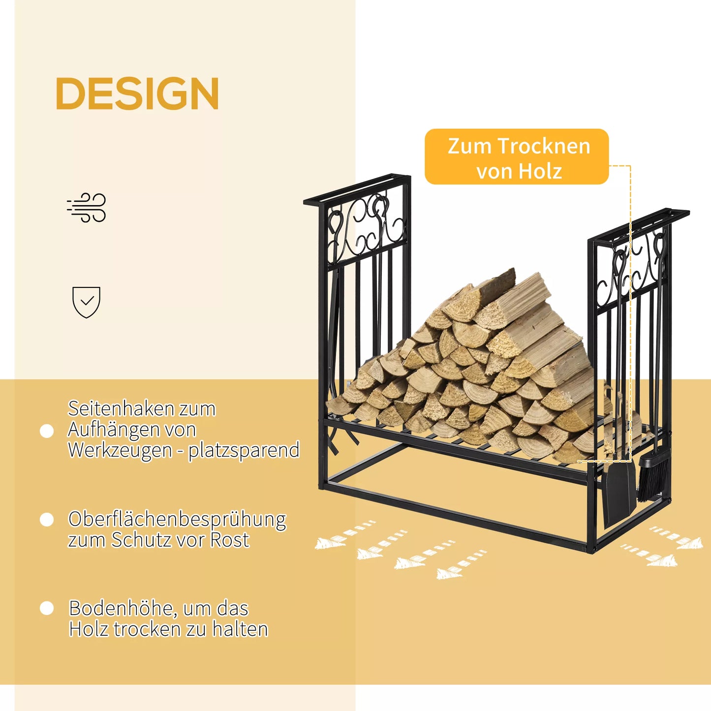 Malkų stovas židiniui su įrankių rinkiniu, malkų laikiklis, plienas, juodas 75 x 30 x 60 cm