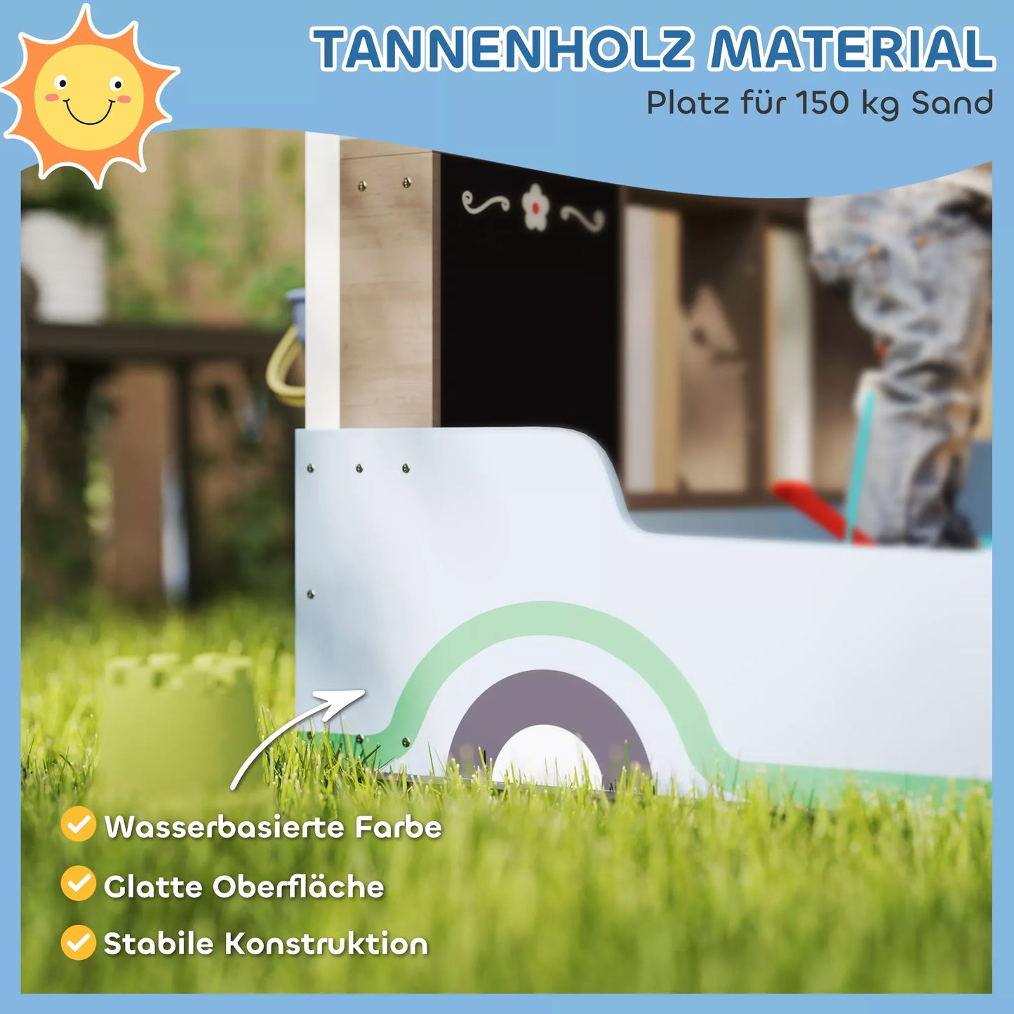 Smėlio dėžė su stogeliu, parduotuvėlės dizainas, suolas, piešimo lenta, eglės mediena, 104 A x 108 L x 90 P cm, mėlyna