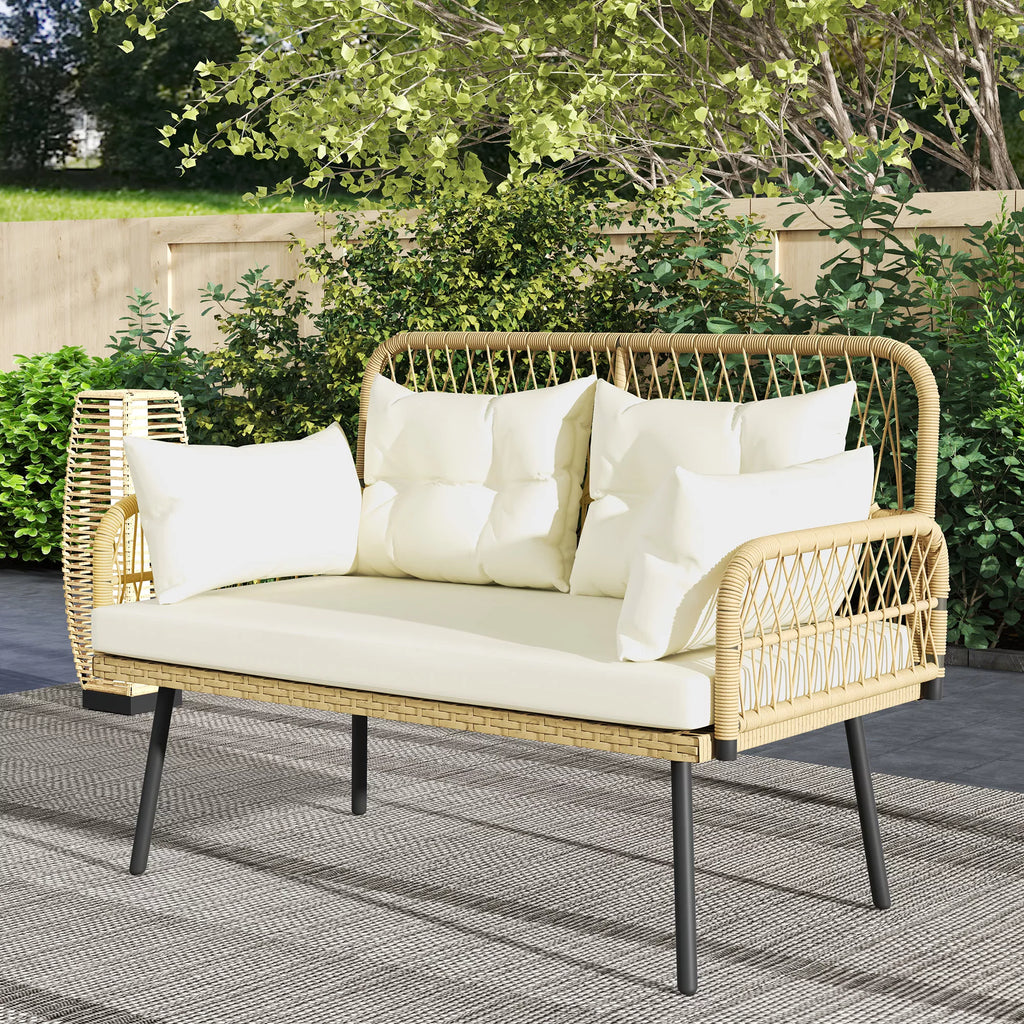 Lauko sofa su pagalvėlėmis, dvivietė sofa balkonui, boho, ratanas ir plienas, 115x61x82 cm, natūralaus medžio spalva,