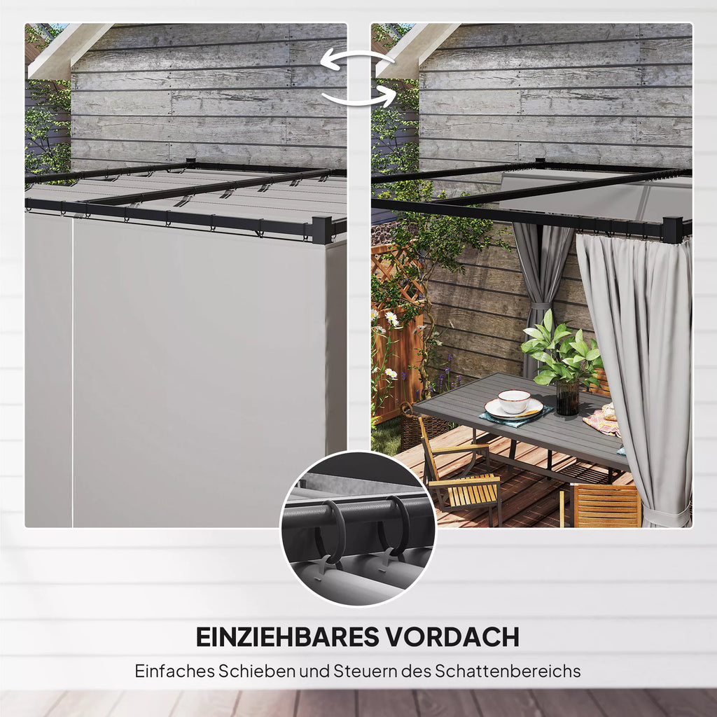 Pergola 3 x 3 m Atskirai stovinti terasos stogelė su stumdomu stogu, 4 šoninės sienos Atspari UV spinduliams Šviesiai pilka
