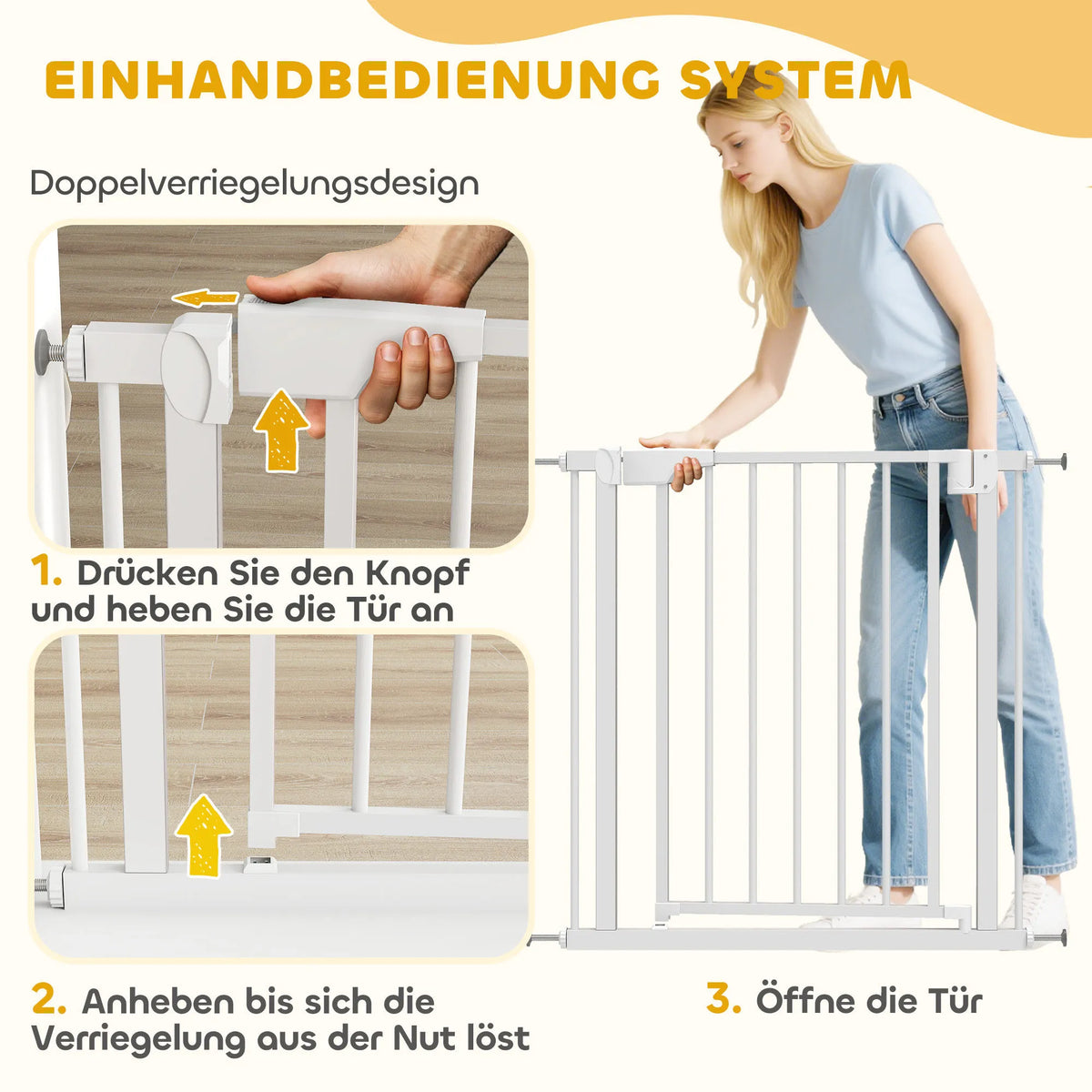 Instrukcija, rodanti trijų žingsnių vartelių atidarymo viena ranka būdą.