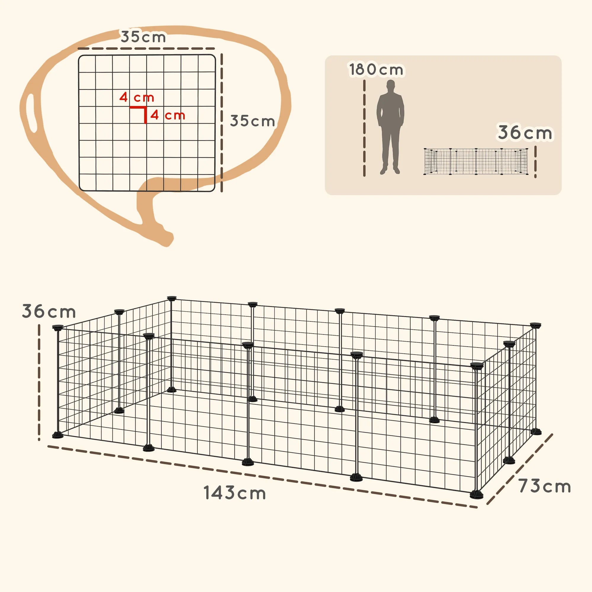 Modulinio gyvūnų aptvaro matmenų schema centimetrais