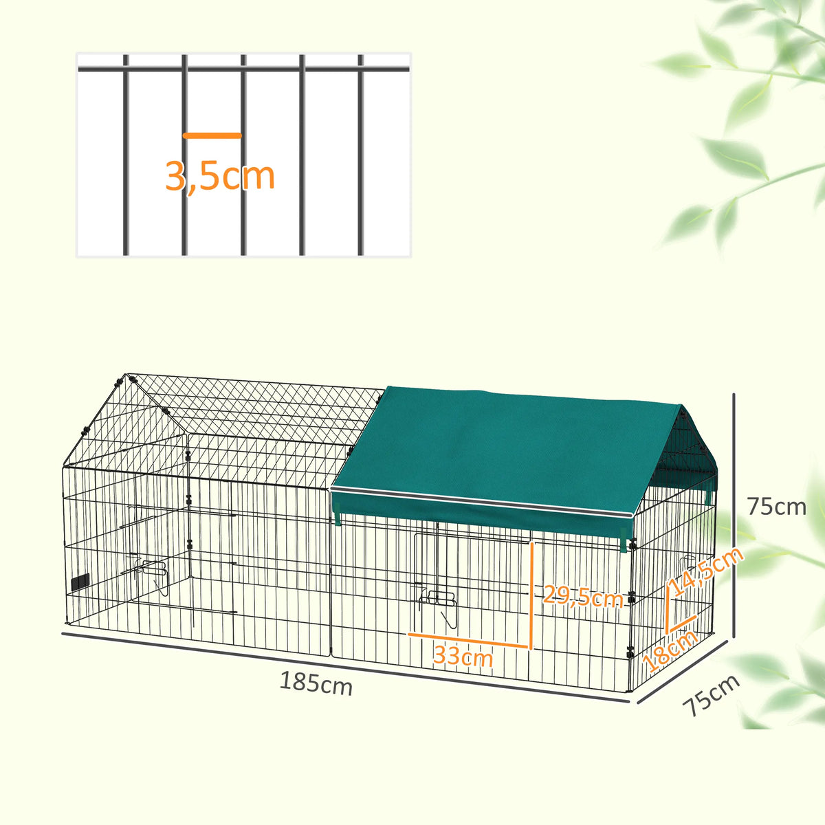 Aptvaro matmenų schema: 185×75×75 cm ir tinklelio tarpas 3,5 cm