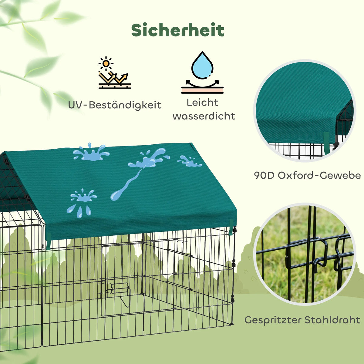 Infografika apie vandeniui atsparų stogo audinį ir tvirtą metalinį tinklą