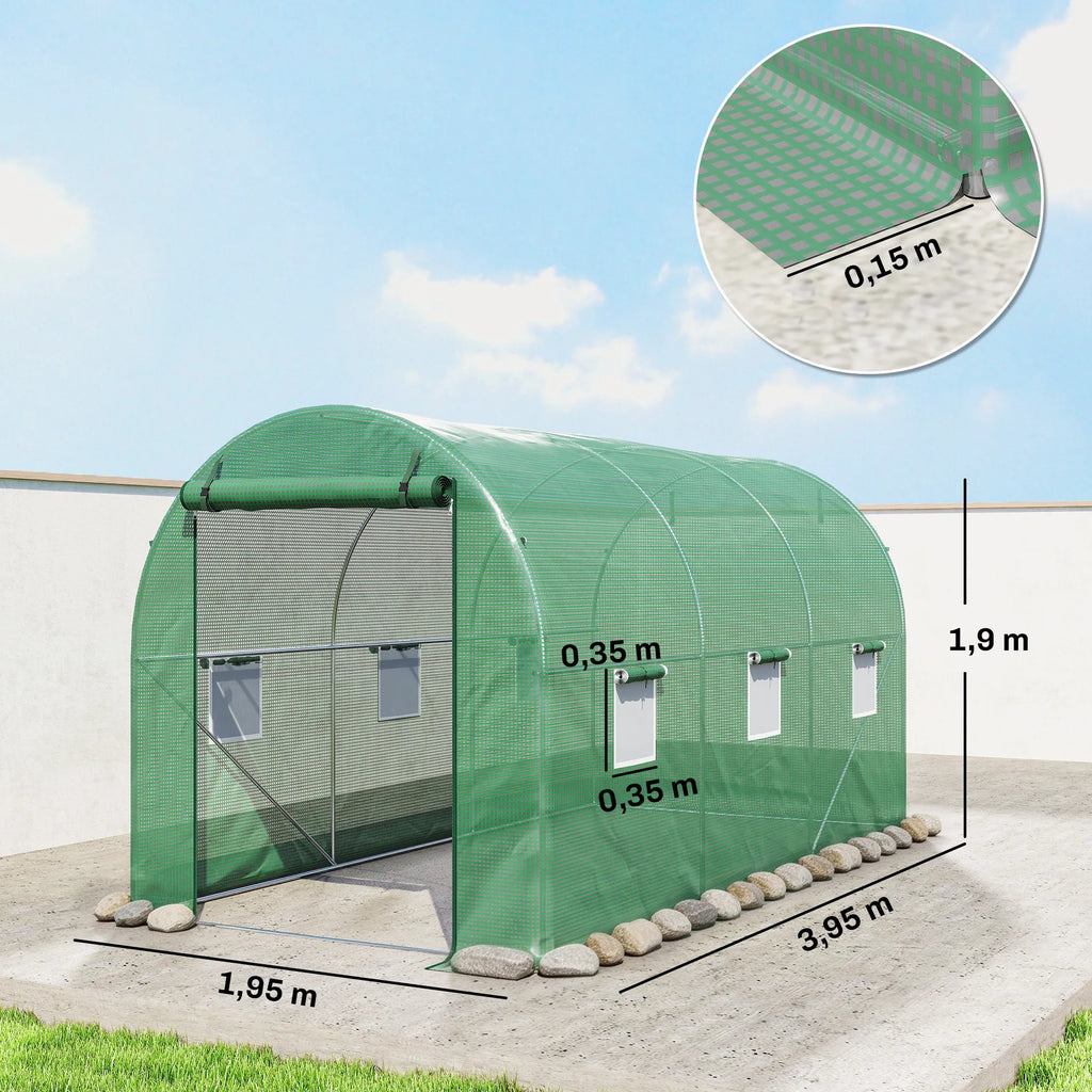 Apvalaus skliauto šiltnamis, 6 tinkliniai langai, skaidri plėvelė, metalinis rėmas, 3,95 x 1,95 x 1,90 m, žalias
