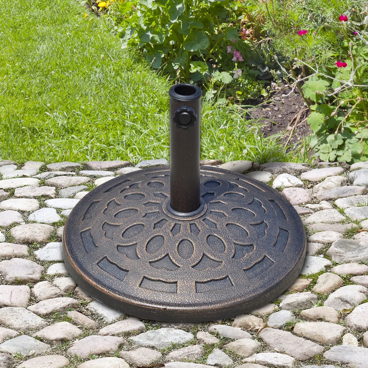 Apvalus 14 kg saulės skėčio stovas iš dervos bronzinis