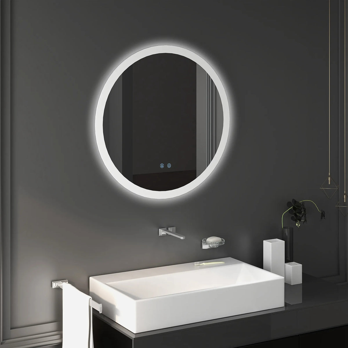 Apvalus LED veidrodis voniai su apšvietimu ir rasojimo funkcija, 70 cm