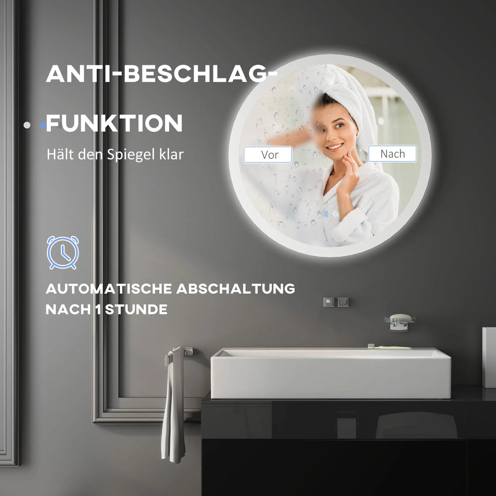 Apvalus LED veidrodis voniai su apšvietimu ir rasojimo funkcija, 70 cm