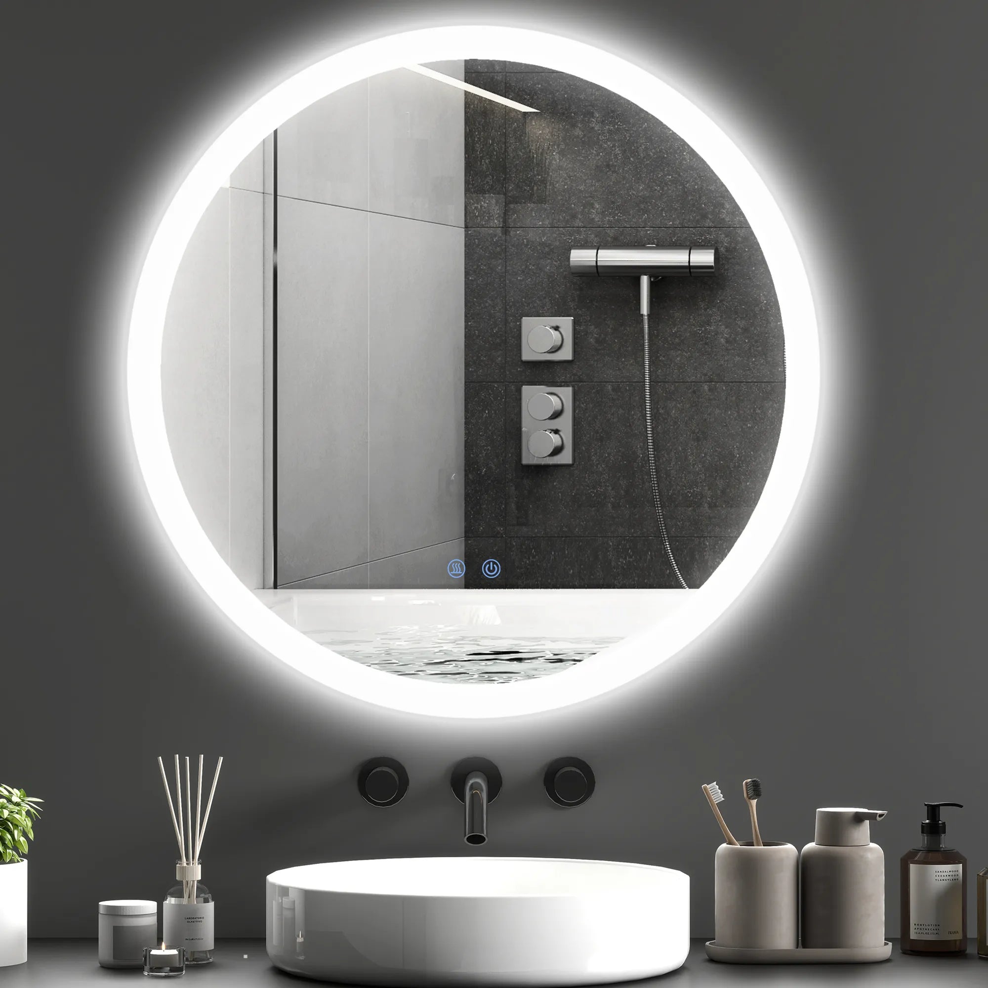 Apvalus LED veidrodis voniai su apšvietimu ir rasojimo funkcija, 70 cm