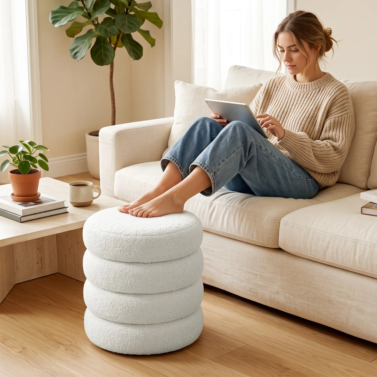 Apvalus pufas, iki 120 kg, Ø 40 × 45 cm, baltas