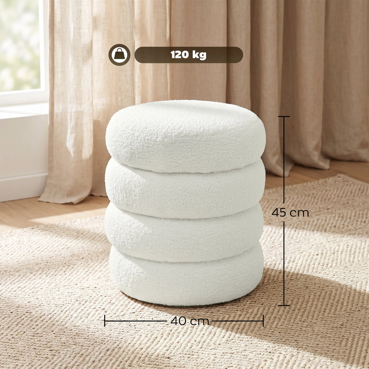 Apvalus pufas, iki 120 kg, Ø 40 × 45 cm, baltas