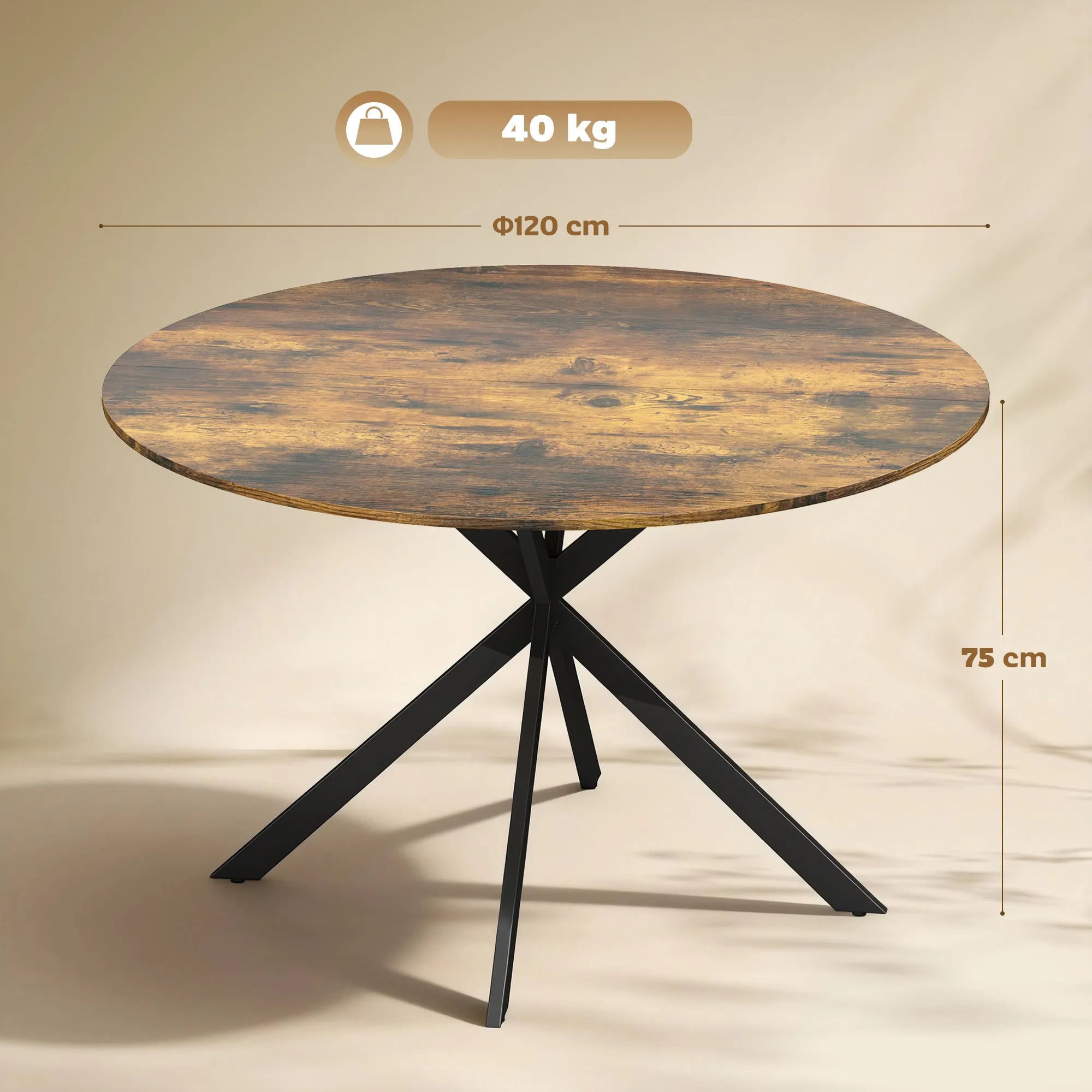 Apvalus valgomojo stalas 120 cm industrinio stiliaus medžio imitacijos