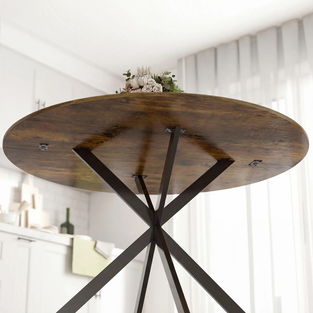 Apvalus valgomojo stalas 120 cm industrinio stiliaus medžio imitacijos