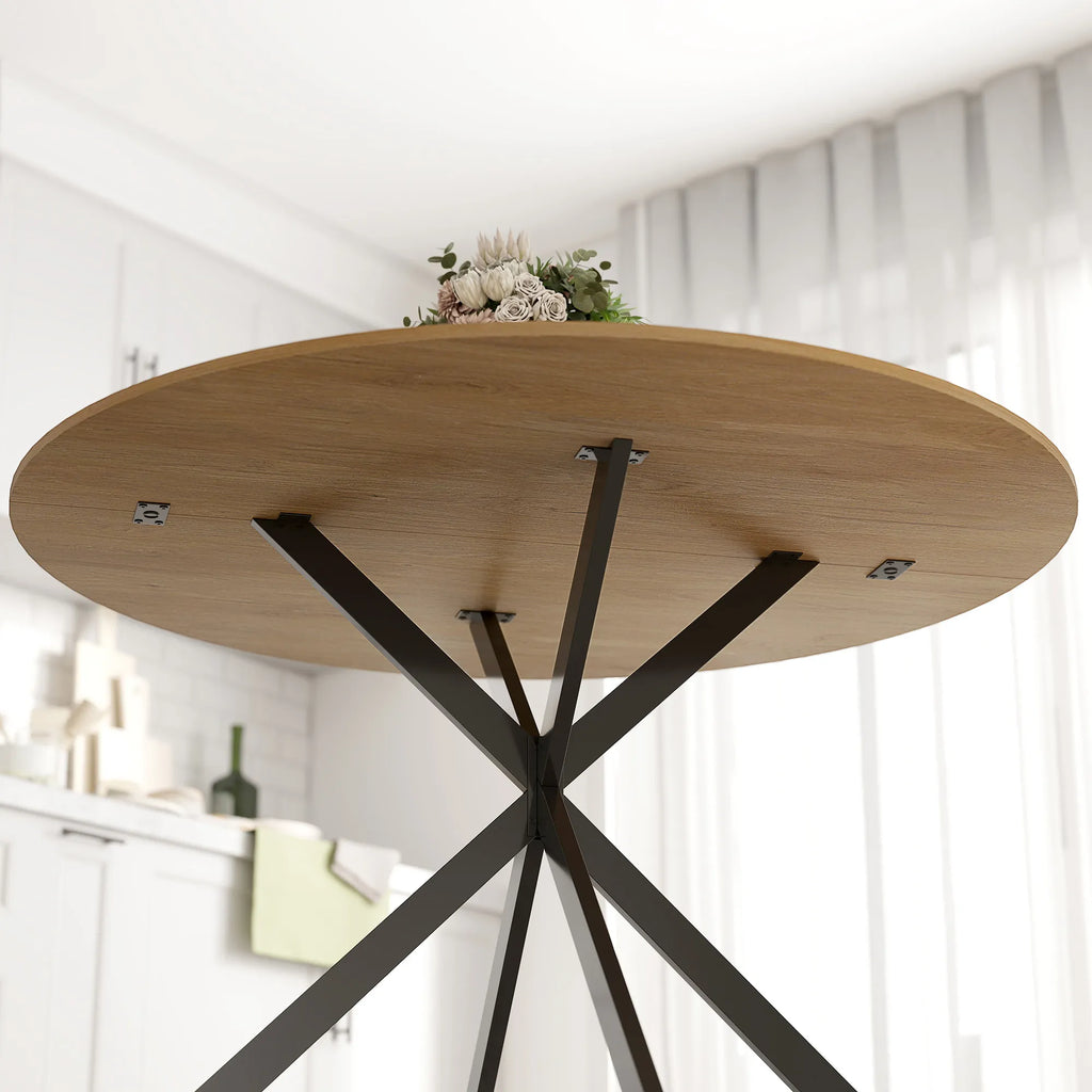 Apvalus valgomojo stalas su industrinio stiliaus kojomis, 120 cm, ąžuolo spalvos