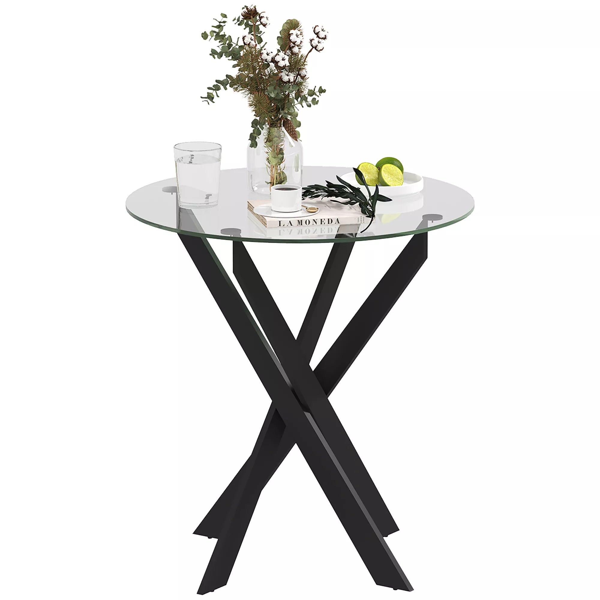 Apvalus valgomojo stalas su stiklo stalviršiu, 70 cm, juodas