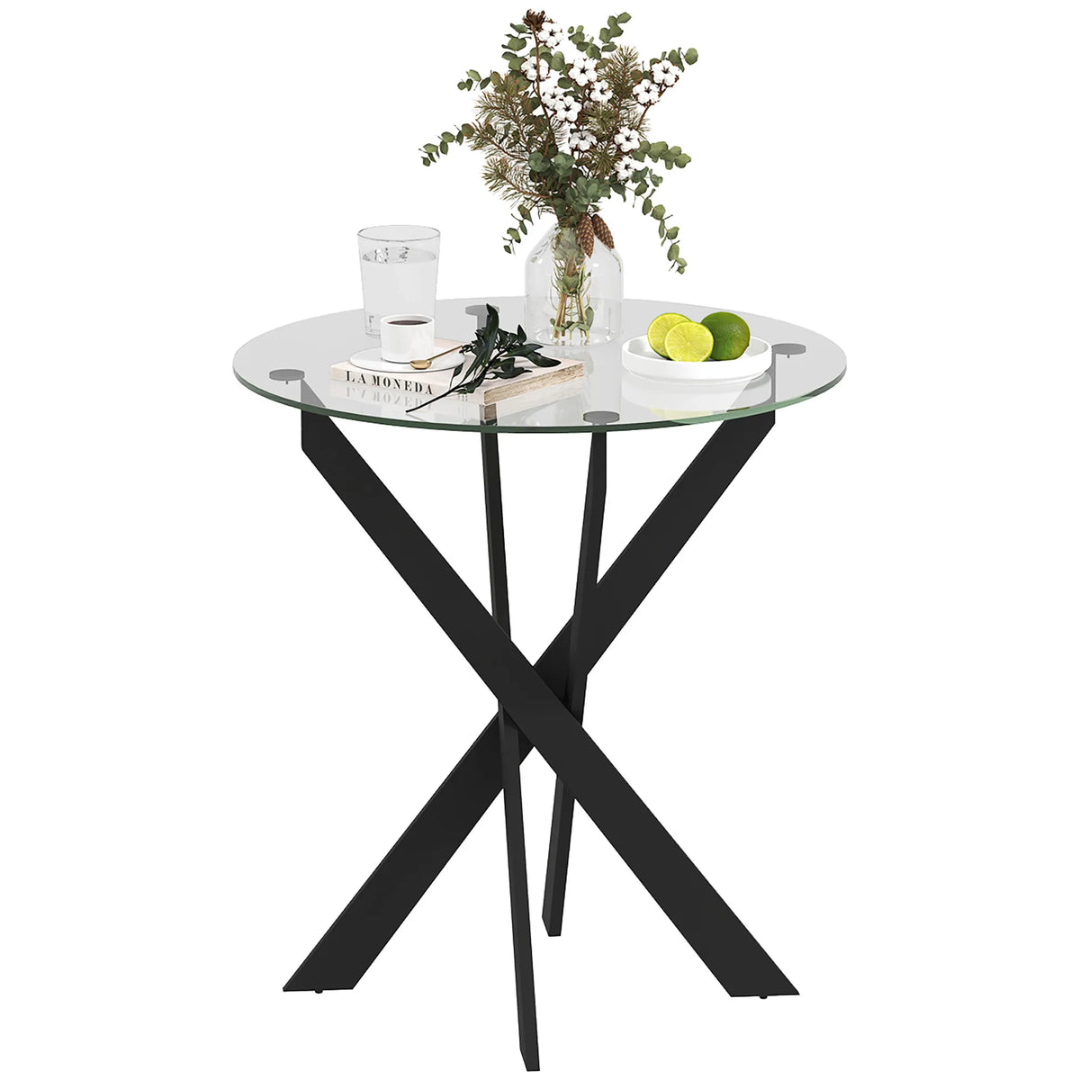 Apvalus valgomojo stalas su stiklo stalviršiu, 70 cm, juodas