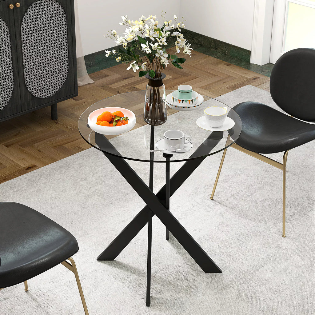 Apvalus valgomojo stalas su stiklo stalviršiu, 70 cm, juodas