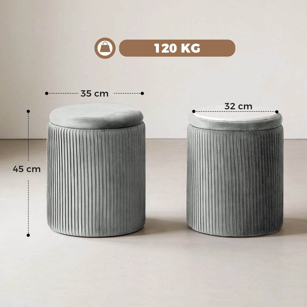 Pufo matmenų schema su aukščiu, skersmeniu ir 120 kg apkrova