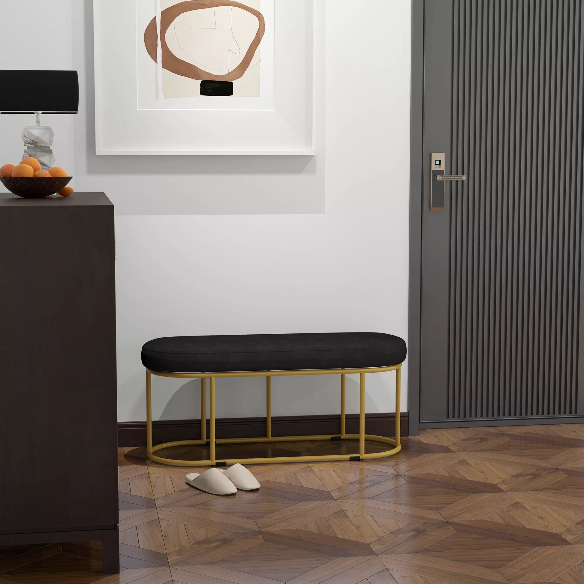 Batuto retro dizaino, suoliukas prie lovos, prieškambario suoliukas, aksomo išvaizda, iki 200 kg, metalinis rėmas, juodas, 100 x 37 x 43 cm