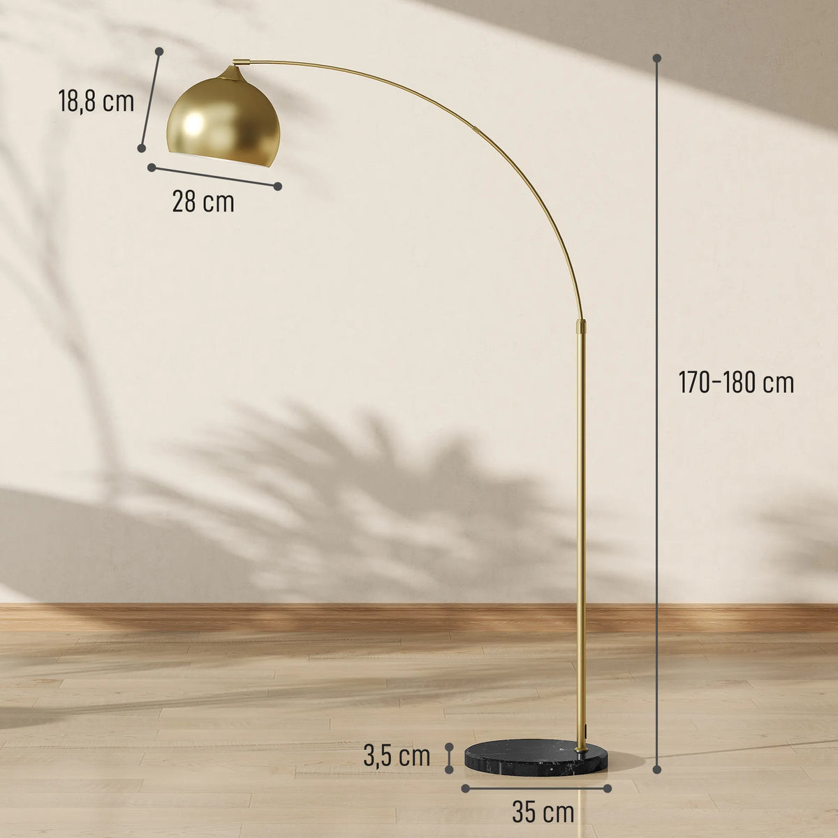 Toršero matmenų schema: gaubtas 28×18,8 cm, aukštis 170–180 cm