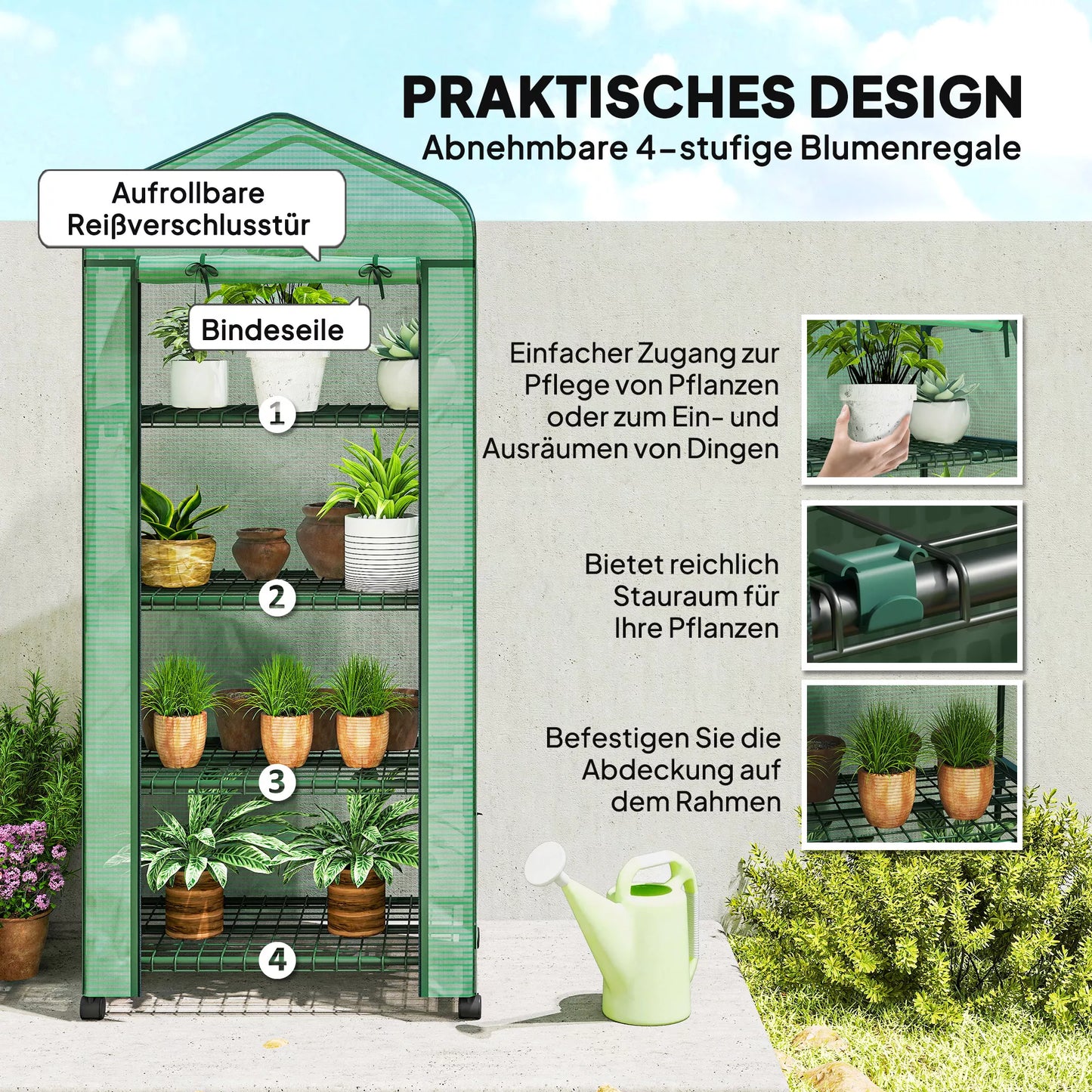 Foliuotas šiltnamis, šiltnamis, mini šiltnamis, augalų namelis, daigykla, 4 lentynos, 69 x 50 x 165 cm, žalias