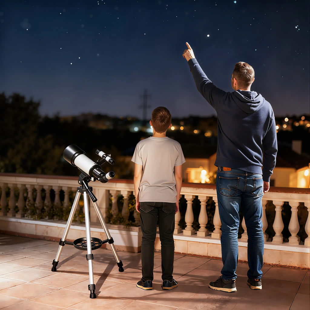 Astronominis teleskopas pradedantiesiems, 70 mm, su reguliuojamu trikoju, baltas