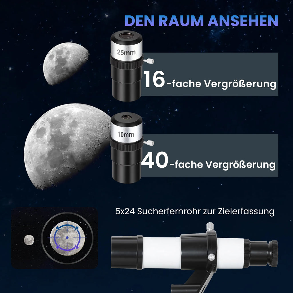 Astronominis teleskopas pradedantiesiems, 70 mm, su reguluojamu trikoju, baltas