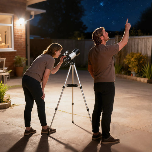 Astronominis teleskopas pradedantiesiems, 70 mm, su reguluojamu trikoju, baltas