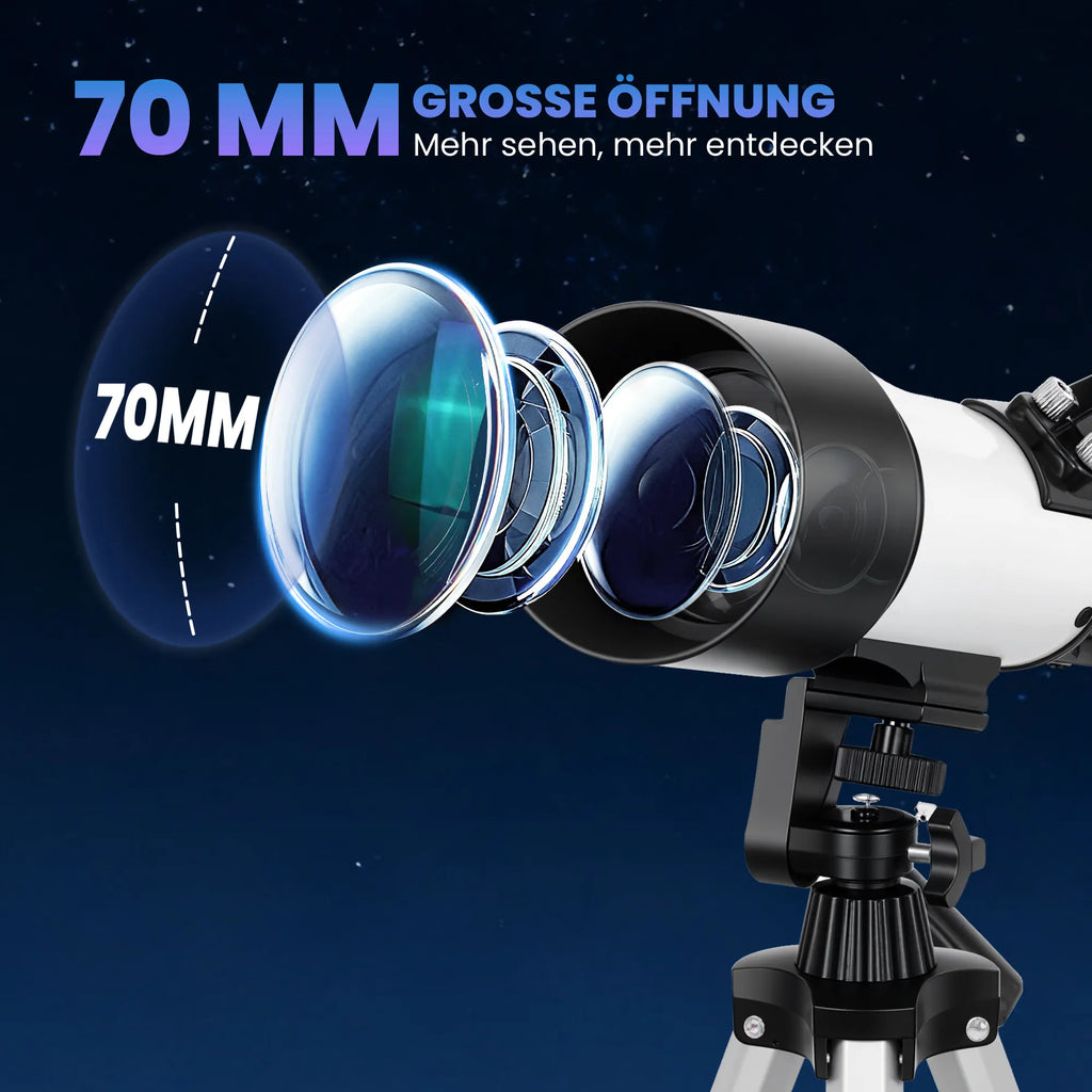 Astronominis teleskopas pradedantiesiems, 70 mm, su reguluojamu trikoju, baltas
