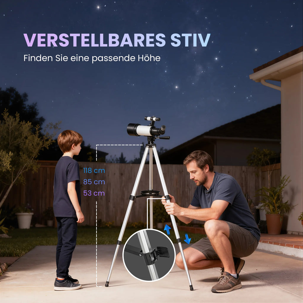 Astronominis teleskopas pradedantiesiems, 70 mm, su reguluojamu trikoju, baltas