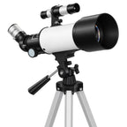 Astronominis teleskopas pradedantiesiems, 70 mm, su reguluojamu trikoju, baltas