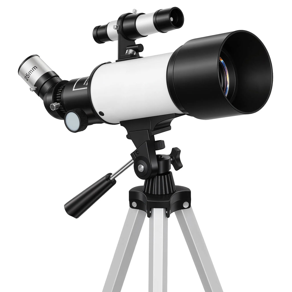 Astronominis teleskopas pradedantiesiems, 70 mm, su reguluojamu trikoju, baltas