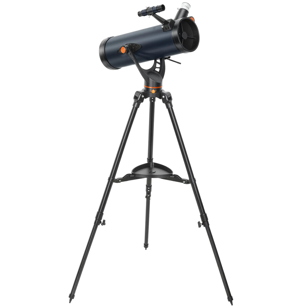 Astronominis teleskopas su 114 mm objektyvu ir stovu, juodas