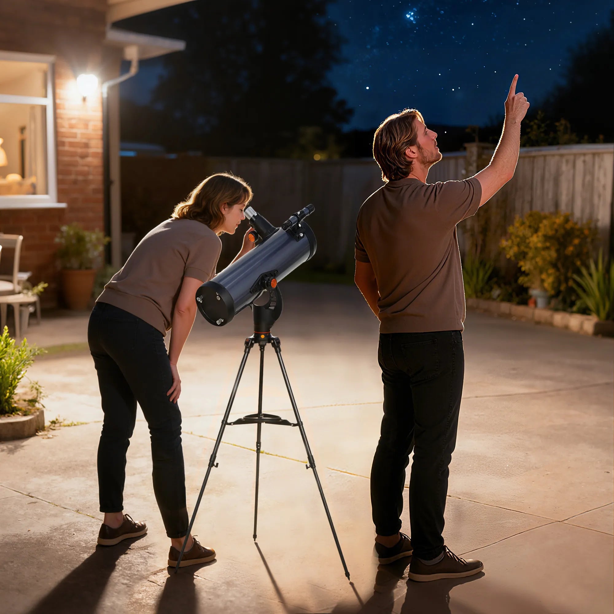 Astronominis teleskopas su 114 mm objektyvu ir stovu, juodas