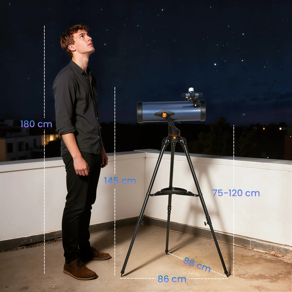 Astronominis teleskopas su 114 mm objektyvu ir stovu, juodas
