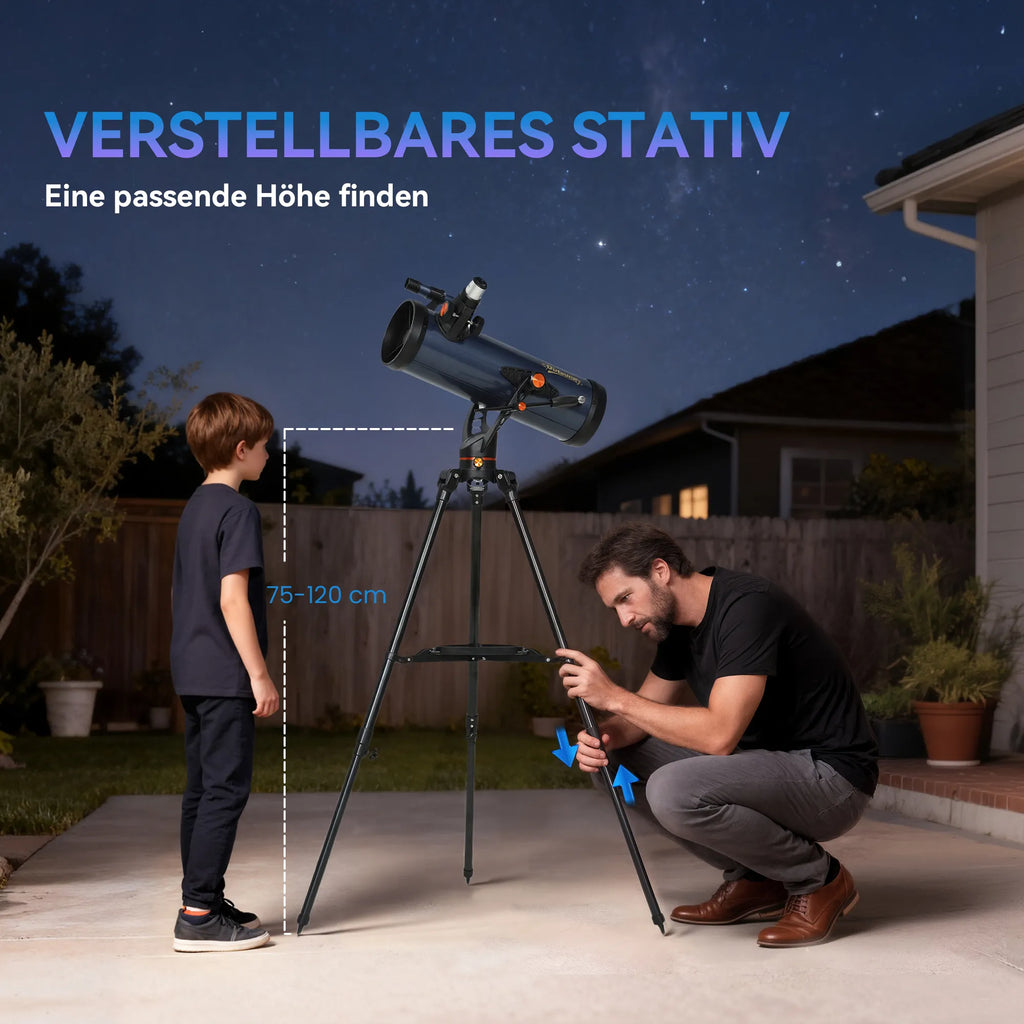 Astronominis teleskopas su 114 mm objektyvu ir stovu, juodas