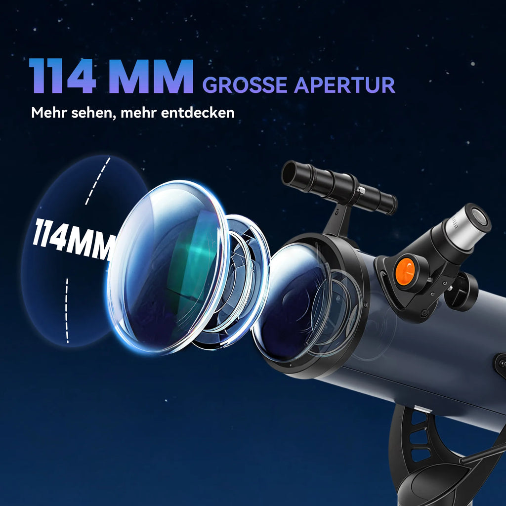 Astronominis teleskopas su 114 mm objektyvu ir stovu, juodas