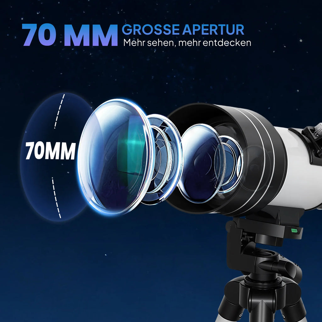 Astronominis teleskopas su reguliuojamu trikoju, 70 mm, baltas