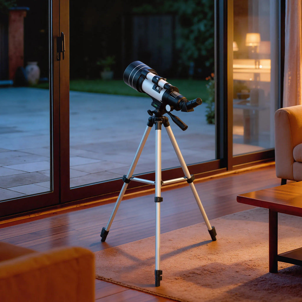 Astronominis teleskopas su reguliuojamu trikoju, 70 mm, baltas