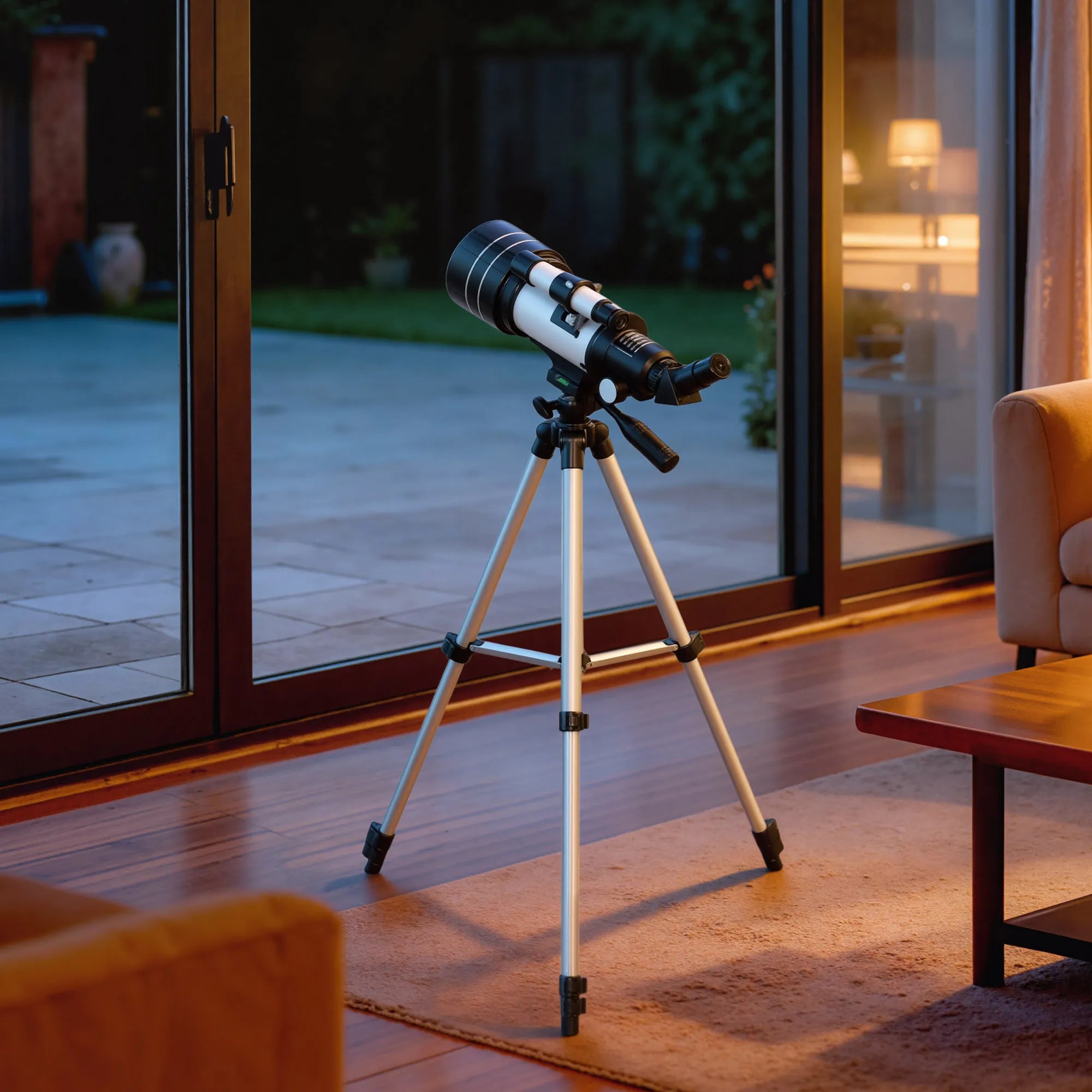 Astronominis teleskopas su reguliuojamu trikoju, 70 mm, baltas